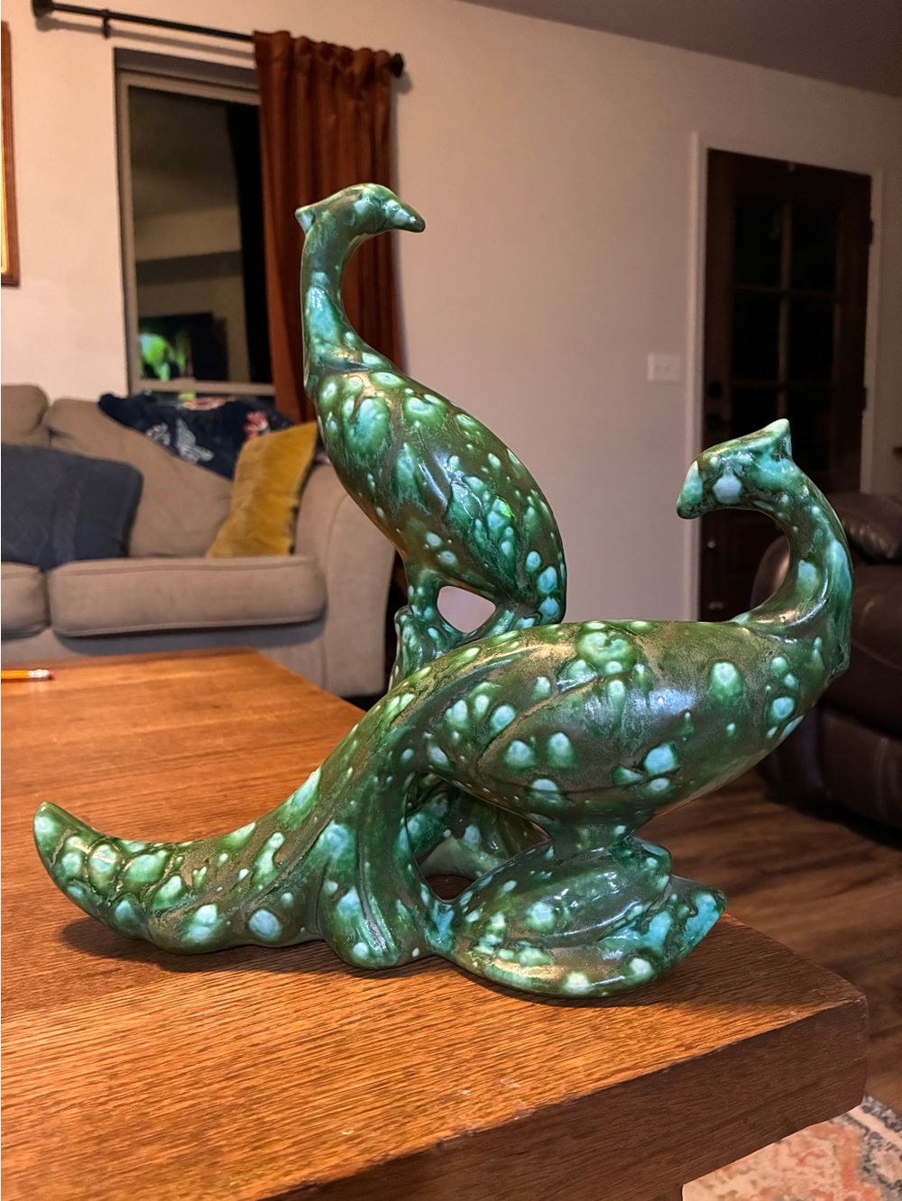Vintage Green Ceramic Peacock Pair with Turquoise Speckle